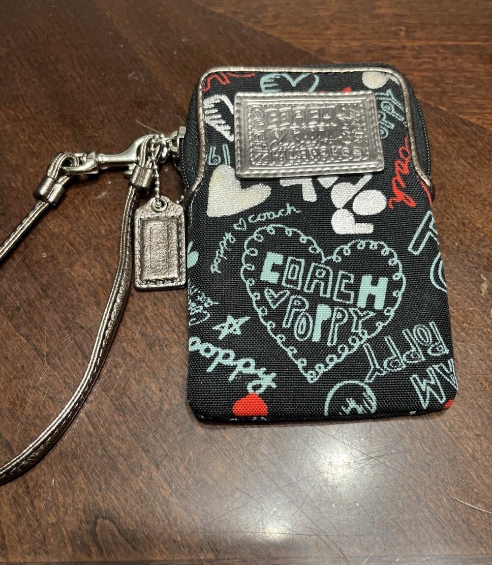 COACH POPPY Small Canvas Card Holder Wristlet Black Graffiti Wallet